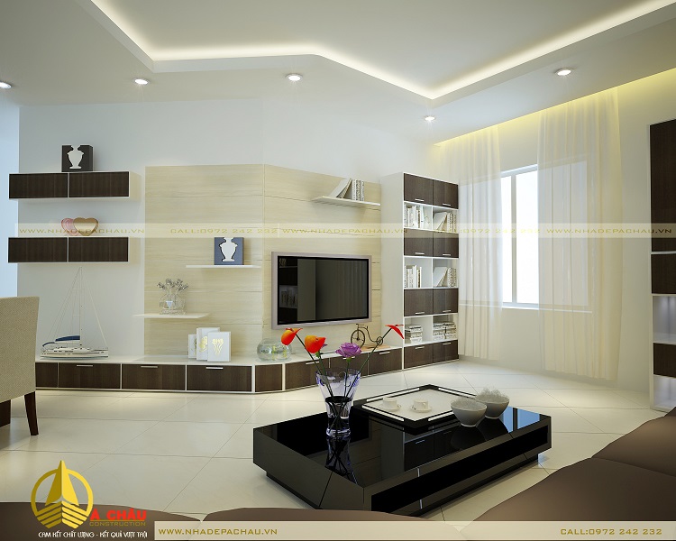thiết kế phòng khách tone màu sáng sang trọng 
