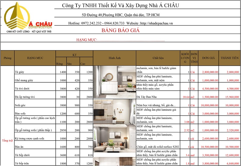 bảng báo giá thi công nội thất nhà phố